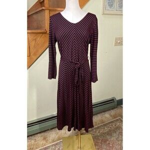 Talbots Dress Womens Sz M Black Pink Chevron Striped Midi Career Modern Classic